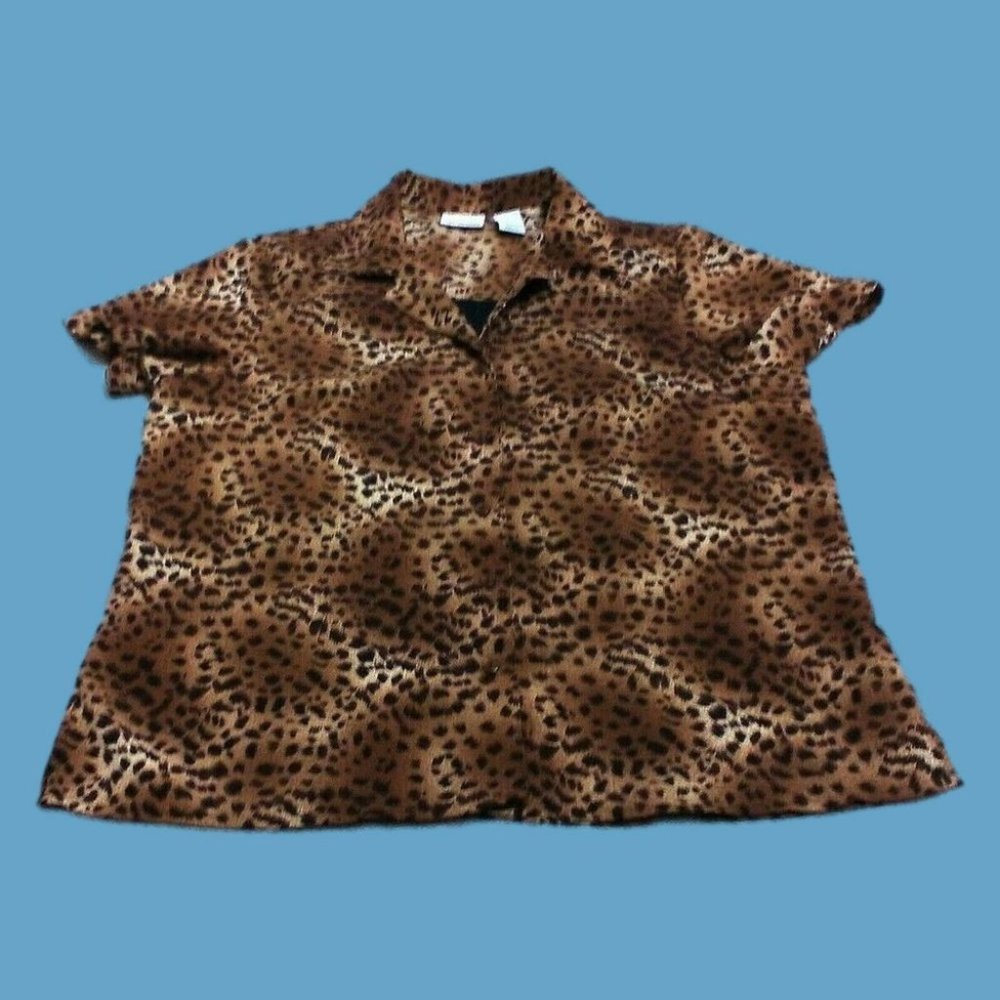 Kim Rogers Petite Women's Shirt Cheetah Print Button Down 2-Part S/Sleeve Sz PL